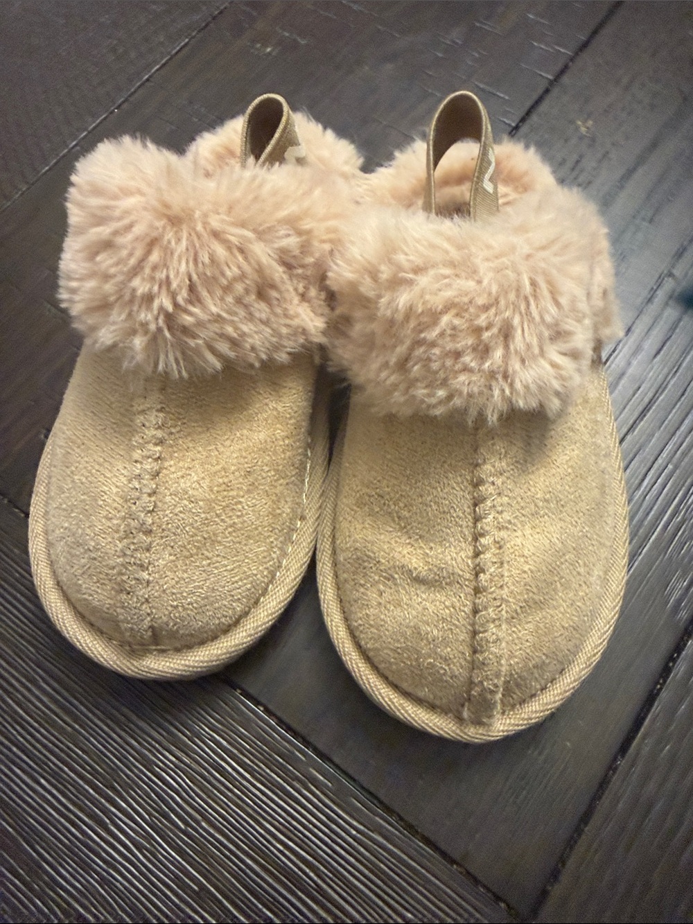 Nicole Miller Plush Faux-Fur Trim Kids Slippers - Tan